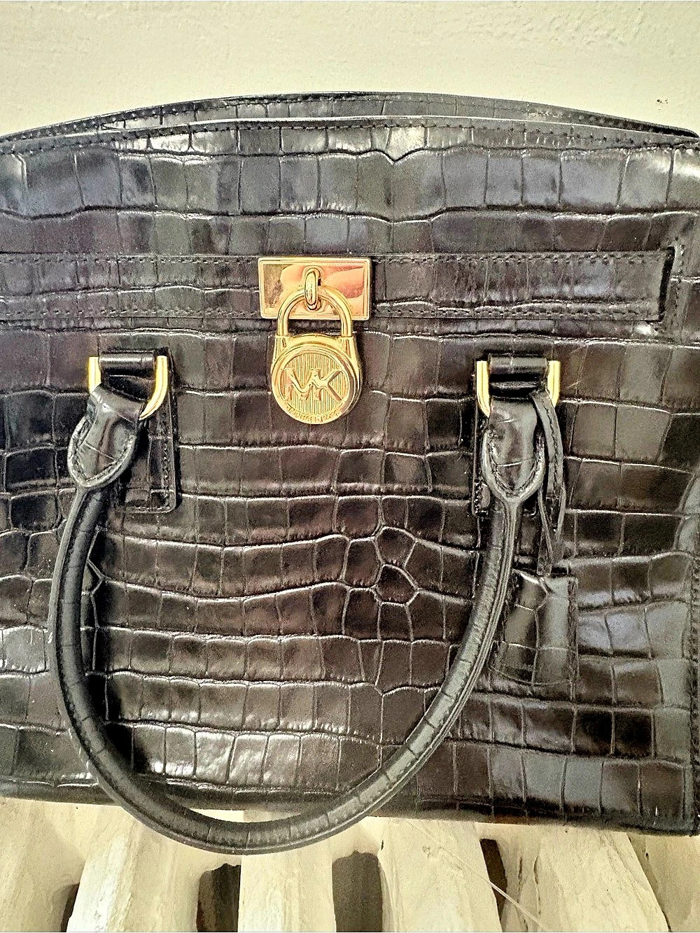 Michael Kors Hamilton Croc-Embossed Leather Satchel Black Tote